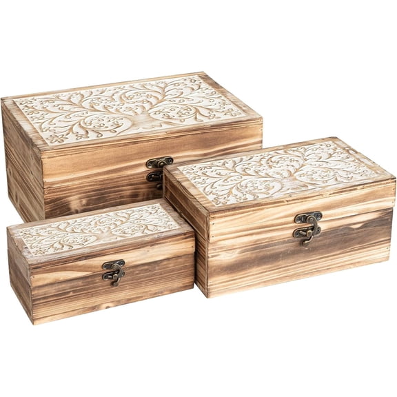 MODE HOME 3 Piece Tree of Life Carved Wooden Keepsake Box Set with Lids, Decorative Storage for Jewelry, Memorabilia and Home Decor