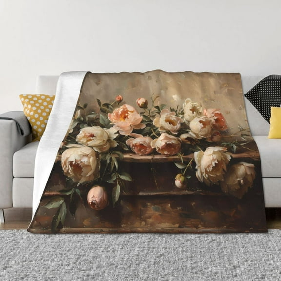 Throw Blanket for Couch - Vintage Peonies Rustic Charm Soft Comfy Lightweight Cozy Warm Throw Blanket, Fuzzy Plush Flannel Blanket & Throws for Sofa and Bed All Season