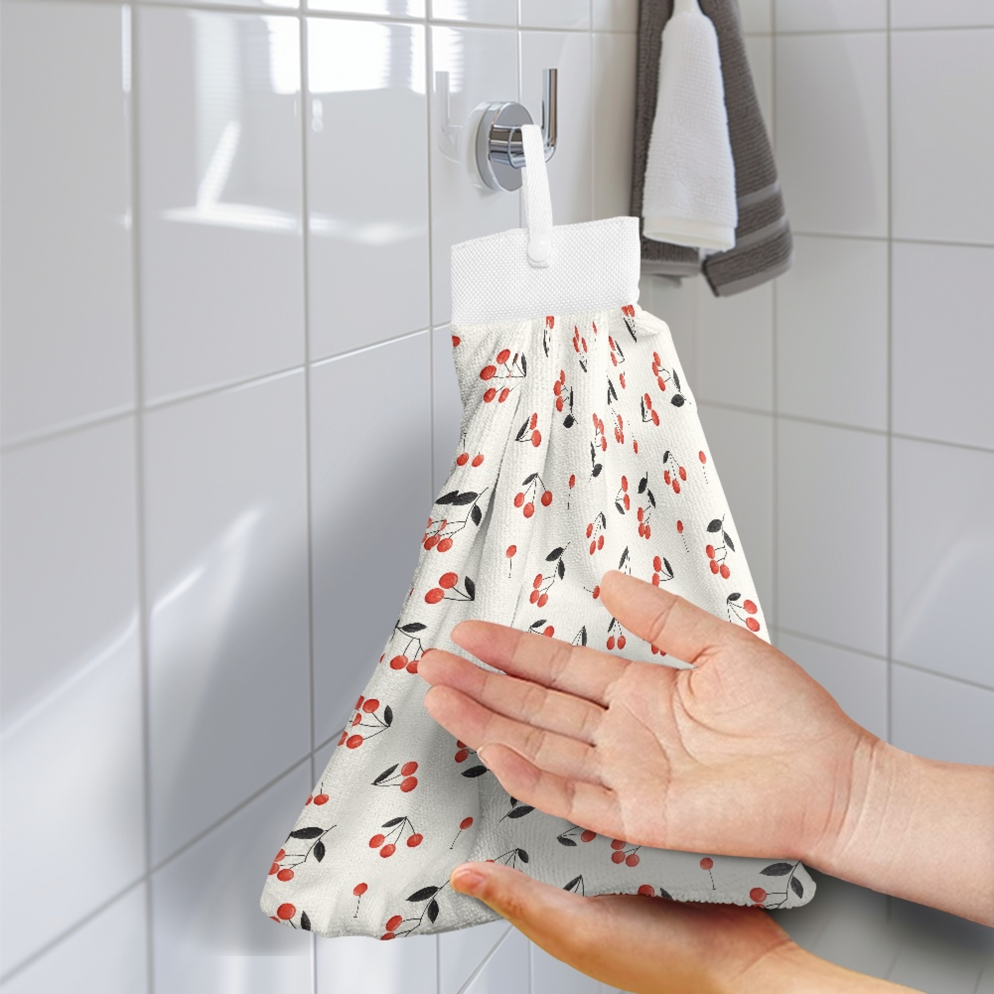 ZIATUBLE Cherry Hanging Kitchen Dish Towel Absorbent Hand Towels with Hanging Loops Bathroom Washcloth Pack of 2 Lightweight Hanging Dish Towels Elastic Kitchen Hand Towels and Washcloths