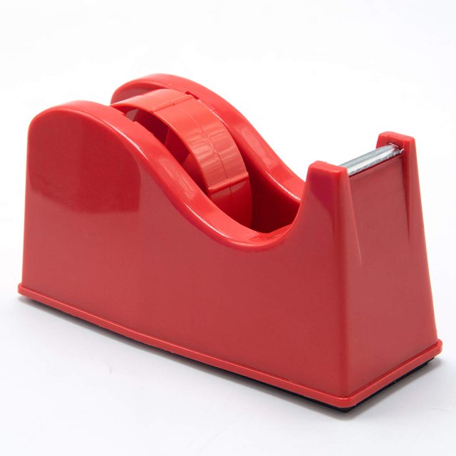 Dispensador de cinta de escritorio, soporte para rollo adhesivo (se adapta a núcleos de 1" y 3") con base antideslizante ponderada, color rojo
