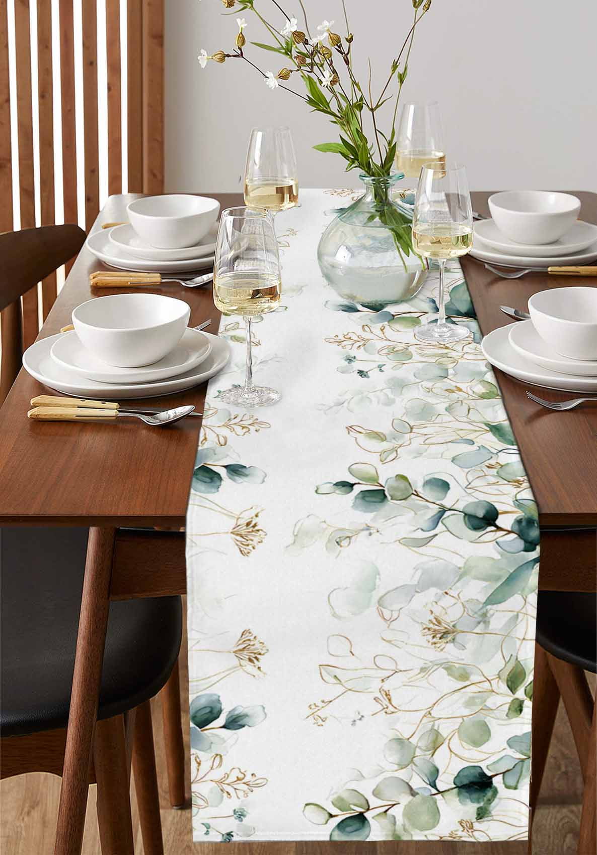 Eucalyptus Leaves Table Runner 70 Inches, Watercolor Sage Green Golden Floral Bed Runner Dresser Scarves Tabletop for Indoor Outdoor Parties/Ceremony/Banquet, 13" x 70"