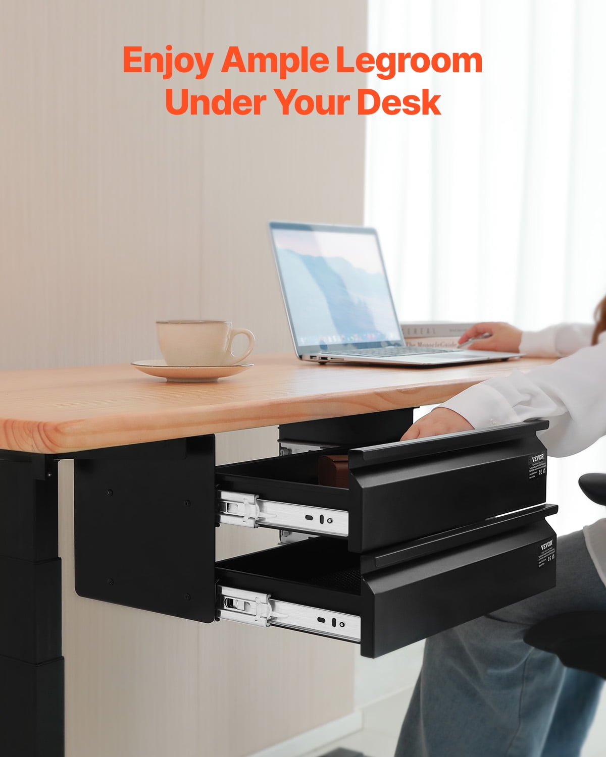 VEVOR 16" Wide Under Desk Drawer Slide Out, Under Desk Mount Pull Out Drawer Attachment, Hidden Desktop 2-Tier Storage Organizer, Under Desk Pencil Drawer for Home Sit-Stand Workstation, 18x9x8 In