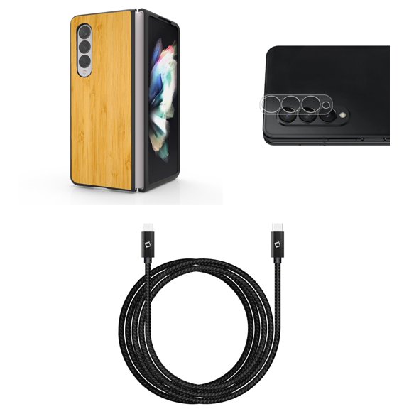 Accessory Bundle for Galaxy Z Fold 4: Slim Snap-On Case (Light Wood), Rear Camera Glass Protector, Nylon Braided USB-C to USB-C Cable (4 Feet)