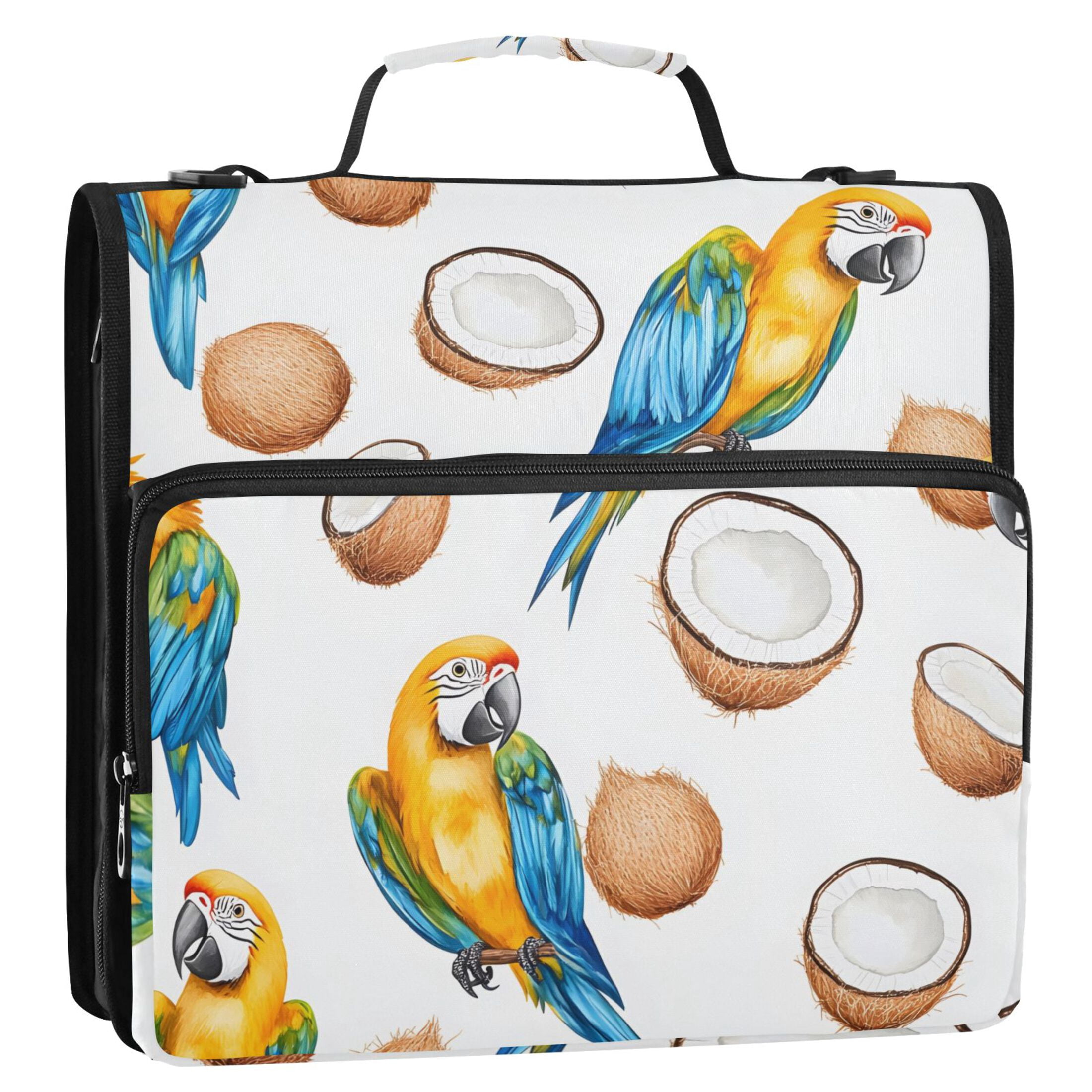 3 Ring Zipper Binder with Shoulder Strap Waterproof Trapper Keeper 2 Inch D-Ring 500 Sheets Capacity Coconut and Bird