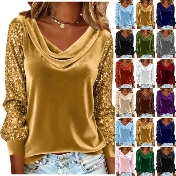 QATAINLAV Women's Velvet Sequin Tops Elegant Cowl Neck Long Sleeve Dressy Shirt Glitter Evening Party Tshirt, Army Green, XXL