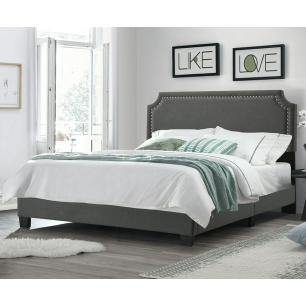 Regal Upholstered Bed With Nail Trim, Upholstered Bed Frame King Grey