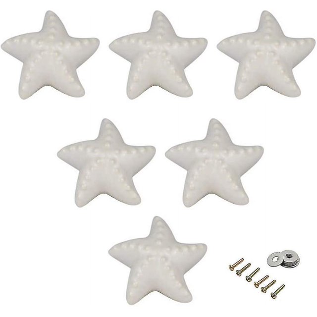 Paquete de 6 tiradores de cerámica para armarios, tiradores de cajones para habitación de niños, tiradores de puertas, pomos de armario, forma encantadora de estrella de mar, color