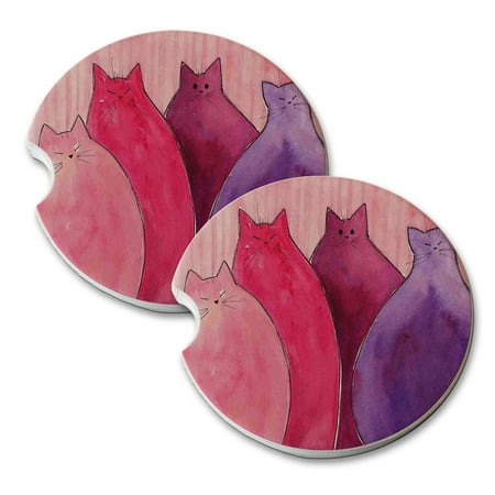 Berry Chutney - KuzmarK Sandstone Car Drink Coaster (set of 2) - Very Berry Chunky Kitties on Pink Stripes Abstract Cat Art by Denise Every