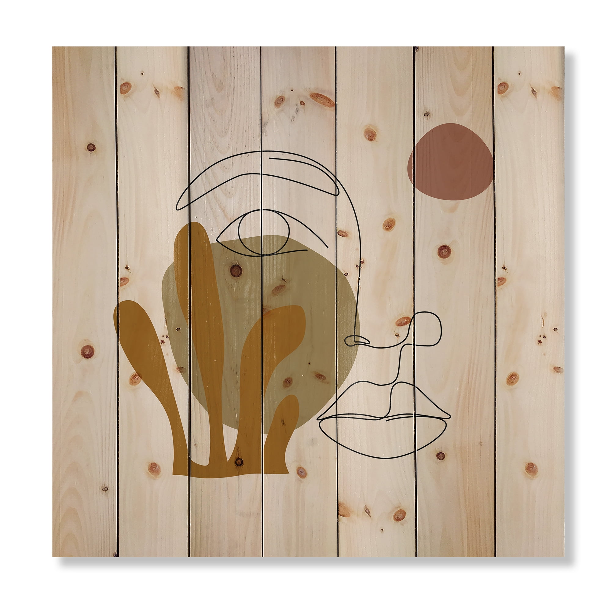Designart 'One Line Art Portrait of Female In Terracotta Tones' Modern Print on Natural Pine Wood