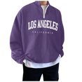 thumbnail image 4 of Sweatshirts For Men Quarter Zip Letter Print Solid Color Casual Loose Fit Crew Neck Shirts Comfoty Soft Long Sleeve Y2K Outfits Spring Fall Pullover Tops Purple XXXL, 4 of 5