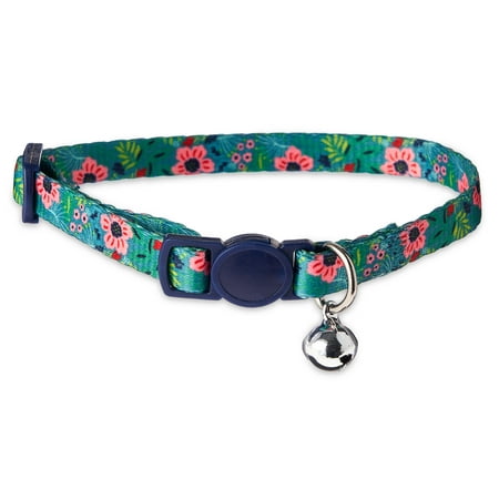 Vibrant Life Polyester and Metal Tropical Floral Cat Collar  Green  8 -12
