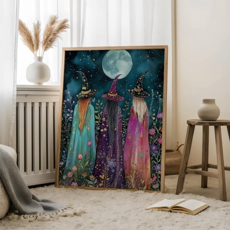 Three Witches Under Moonlight,Celestial Art,Wildflowers & Enchanted Night,Mystical Witch Poster,Celestial Witch Wall Decor,Magic Night Art, F038.8, 12x18 UNFRAMED