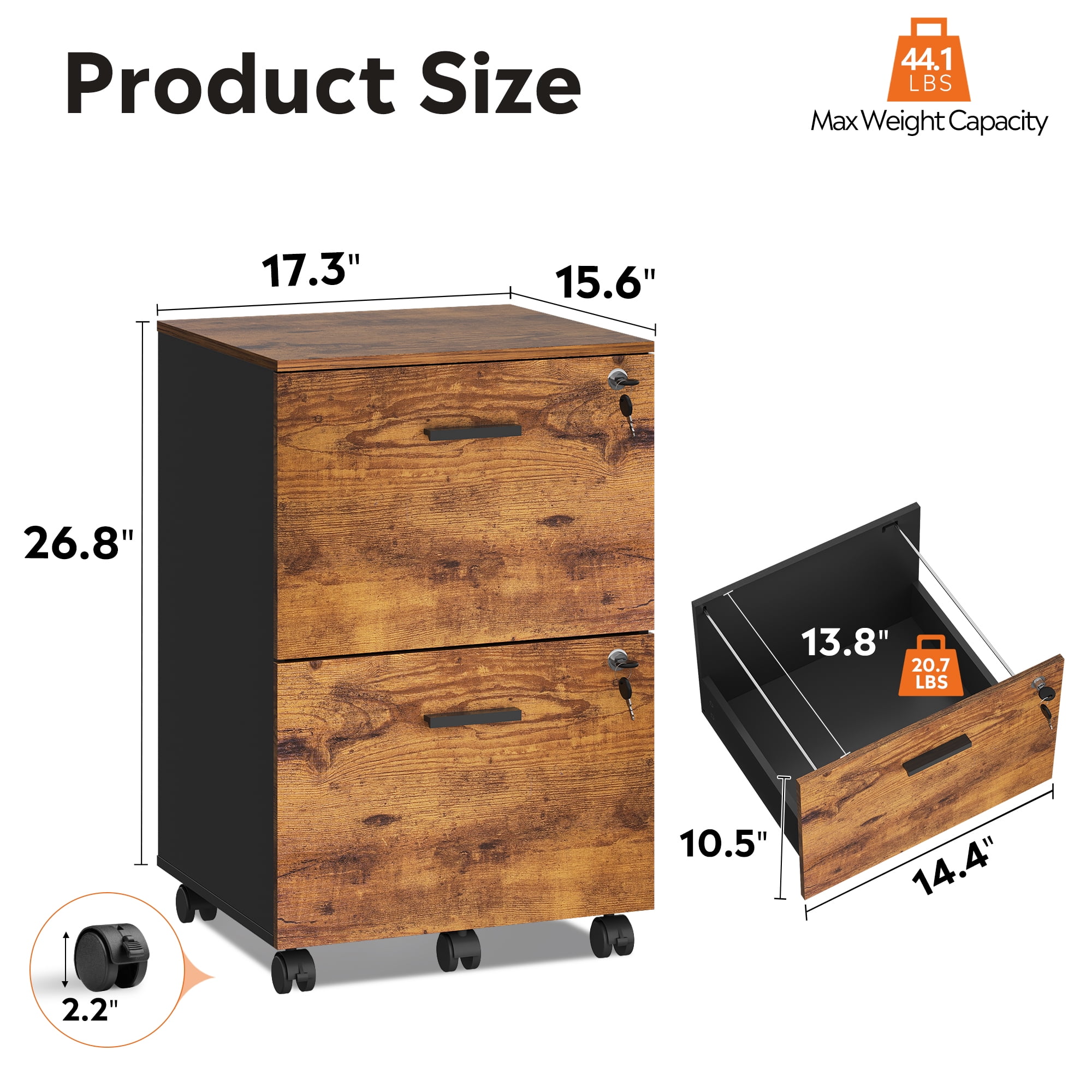 GALAXHERO 2 Drawer Filing Cabinet with Lock, Wooden Printer Stand with Storage for Home Office, Mobile Locking file Cabinet Fits Letter/A4 Hanging Files, Rustic Brown