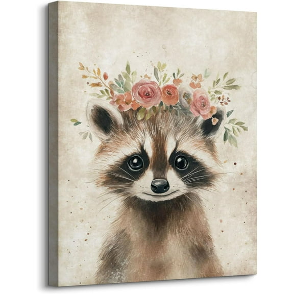 Aaheei Cute Raccoon Print Wall Art Decor Retro Animal Portrait Poster Funny Raccoon with Wreath Picture Painting Farmhouse Woodland Animal Artwork for Baby Room Nursery Home Office Decoration