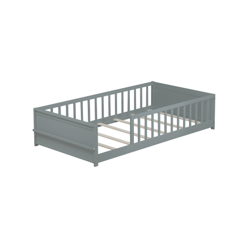 Bellemave Twin Size Floor Bed with Fence, Montessori Floor Twin Bed with Built-in Book Rack, Solid Wood Twin Bed with Slats and Safety Guardrails, Grey
