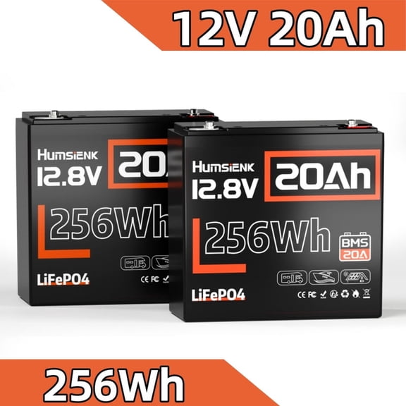 HumsiENK 12V 20Ah LiFePO4 Battery, 12V Lithium Battery, Deep Cycles for Solar Power, Outdoor Camping, Fish Finders, Lighting, Off-Grid(2 Pack)