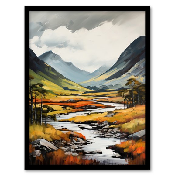 Glencoe Valley Oil Painting Scotland Majestic Mountain Range And River Coe Art Print Framed Poster Wall Decor 12x16 inch