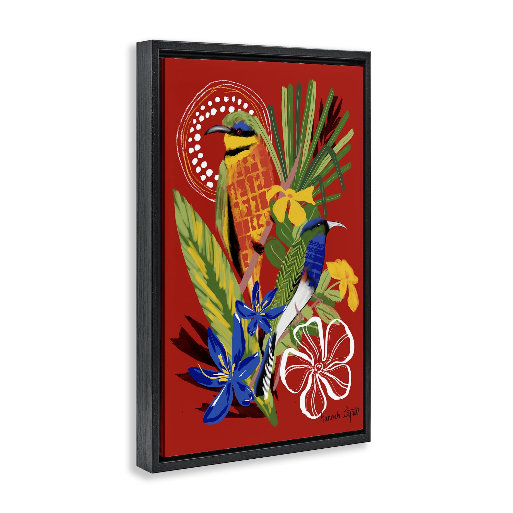 Stupell Industries Gambia Inspired Birds Animals Painting Black Floater Framed Canvas Art Print Wall Art, 21 x 31