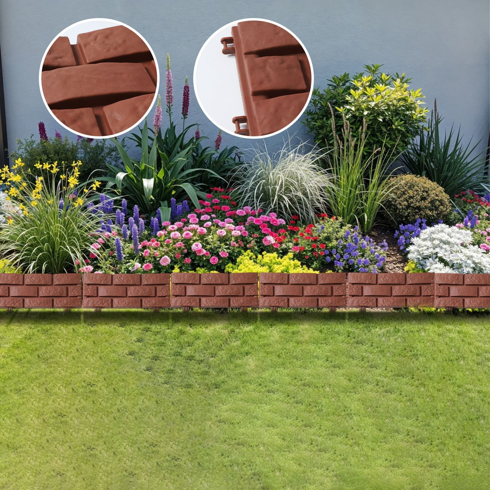 Plastic Garden Picket Fence Edging with Brick Design for Flowerbeds Grass Borders Weather Resistant Decorative Landscape Panels 4 Pack for Outdoor Yard and Vegetable Gardens Easy Install