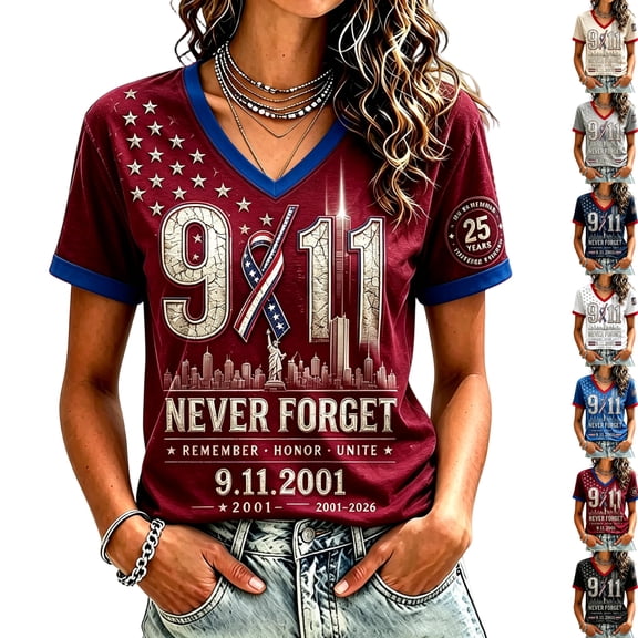 Never Forget 911 T Shirts for Women 9/11 25th Anniversary Shirt Patriotic American Flag Memorial Faith Tee Red S
