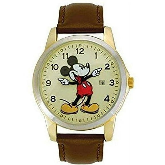 mck326 mickey mouse unisex gold tone & leather classic moving hands watch