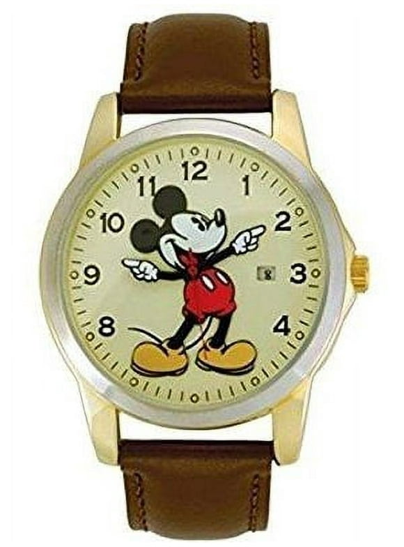 mck326 mickey mouse unisex gold tone & leather classic moving hands watch