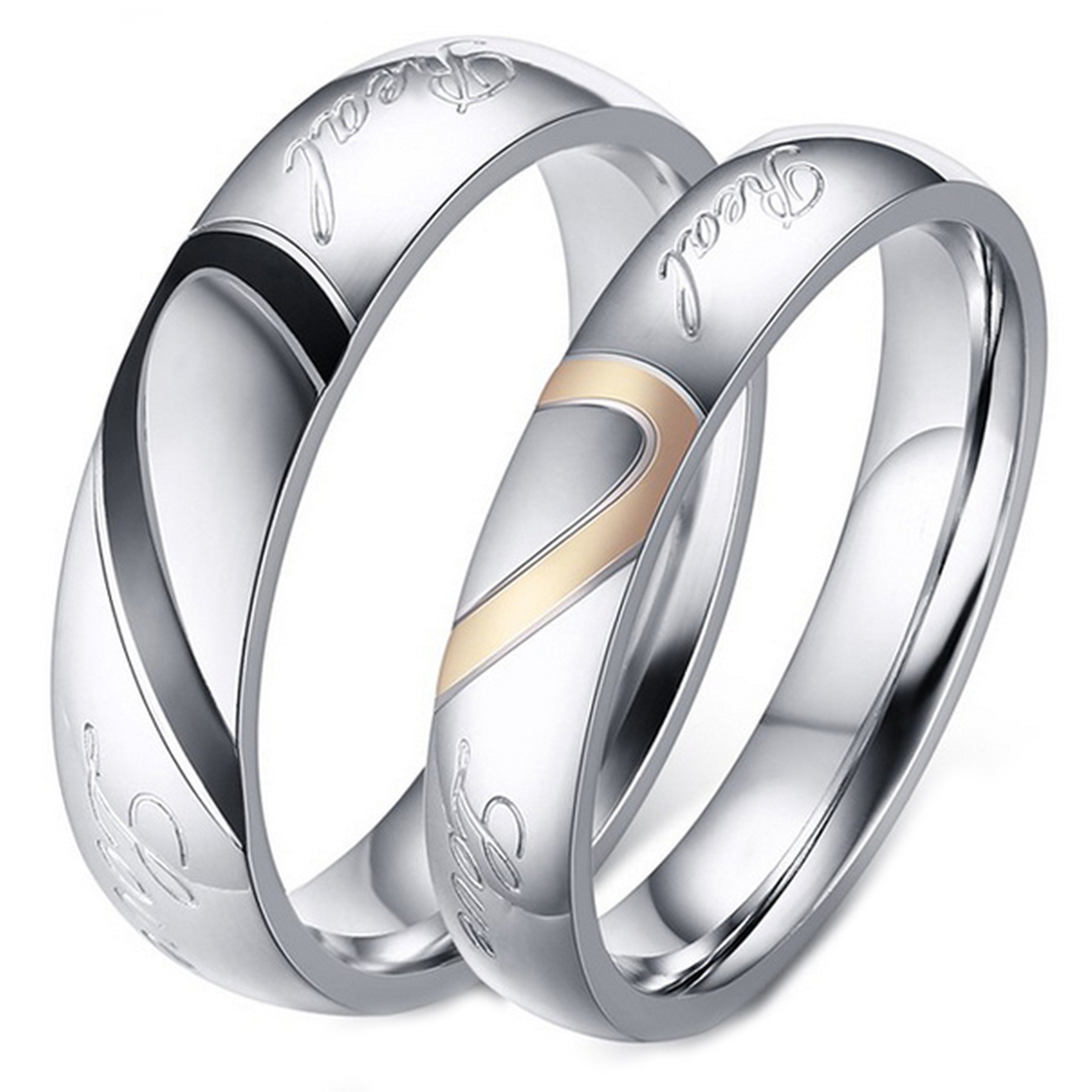 For Lovers GIFT BOXED !! NEW Stainless Steel “Real Love” HALF HEART RINGS SET 