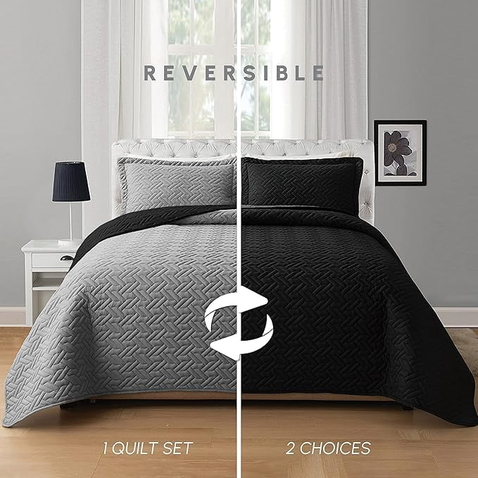 Elegant Comfort 3-Piece Quilted Reversible Bedspread Coverlet Set with Pillow Shams, Exquisite Majestic Stitching All Season Heavy Weight - Ultra Soft Premium Quilt- Full, Black/Gray