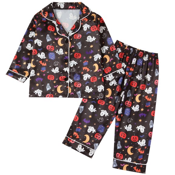 Likimi Toddler Boys Pajamas Set Long Sleeve Halloween Graphic Print Lapel Button Down Tops With Pants Spring Autumn Comfort Sleepwear Outfit Set Black Size 18-24 Months