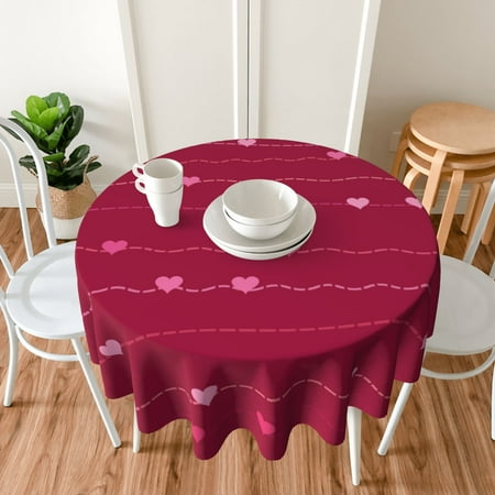 TEQUAN 60" Round Tablecloth, Pink Romantic Hearts Pattern Washable Polyester Table Cloth, Waterproof Wrinkle Resistant Decorative Table Cover