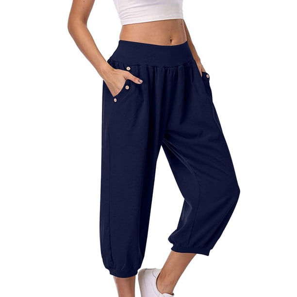 Pantalones capri elásticos de cintura alta para mujer: pantalones capri informales y cómodos con bolsillos, tallas S-XXL