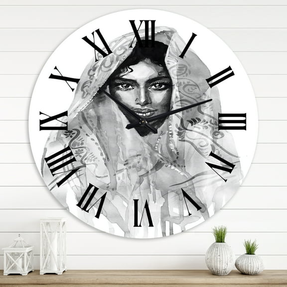 Designart 'Monochrome Portrait Of Young Indian Woman I' Modern Wall Clock