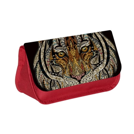 Patterned Tiger Face Up-Close - Red Cosmetic Case - Makeup Bag - with 2 Zippered Pockets