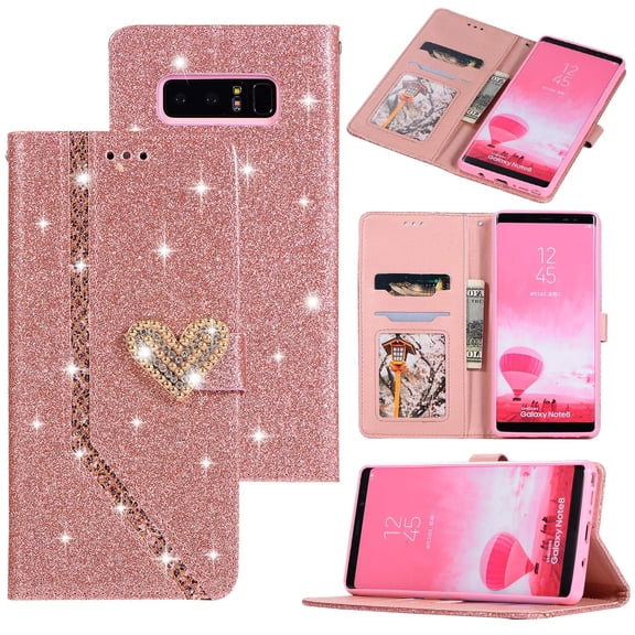 Galaxy Note 8 Case Glitter, Allytech Premium PU Leather Bling Heart Magnetic Closure Full Body Protective Dust Proof Soft Silicone Back Cover Wallet Case for Samsung Galaxy Note 8, Rosegold