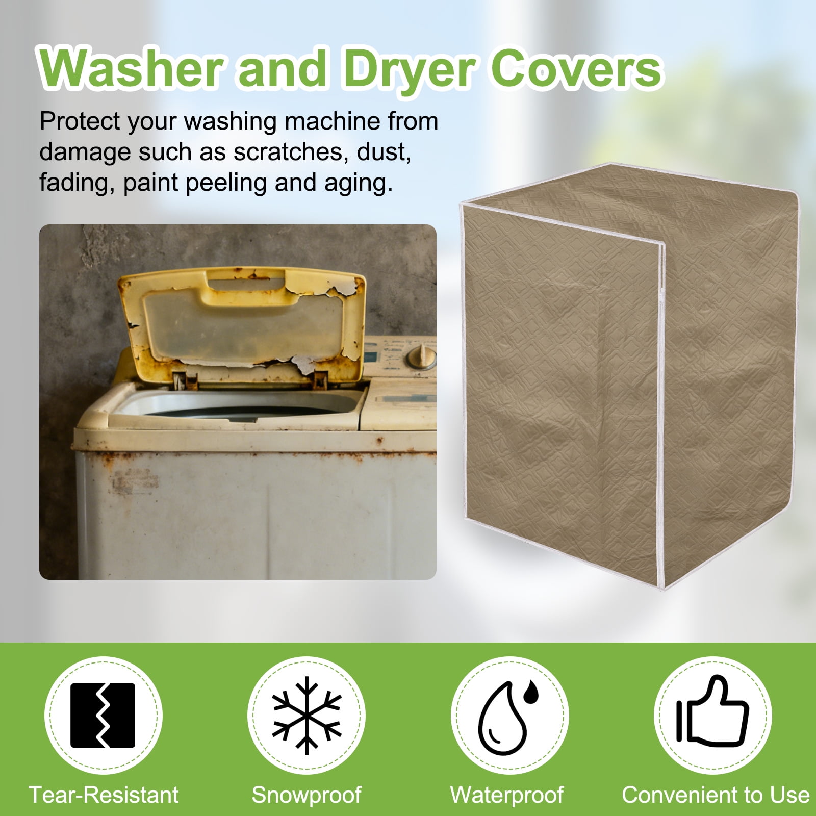 Washer and Dryer Covers 24"x24"x33"- Waterproof, Dustproof PEVA Front Load Washing Machine Cover with Zipper for Laundry Room Balcony, Brown