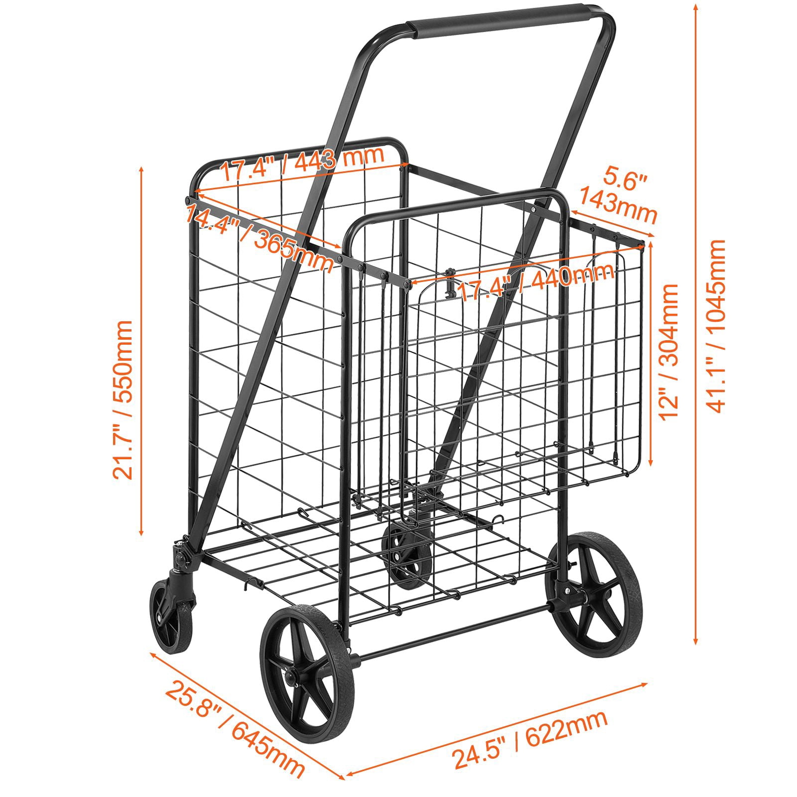 Folding Shopping Cart, Jumbo Grocery Cart with Double Baskets, 360° Swivel Wheels, Heavy Duty Utility Cart, 110 LBS Large Capacity Utility Cart for Laundry, Shopping, Grocery, Luggage