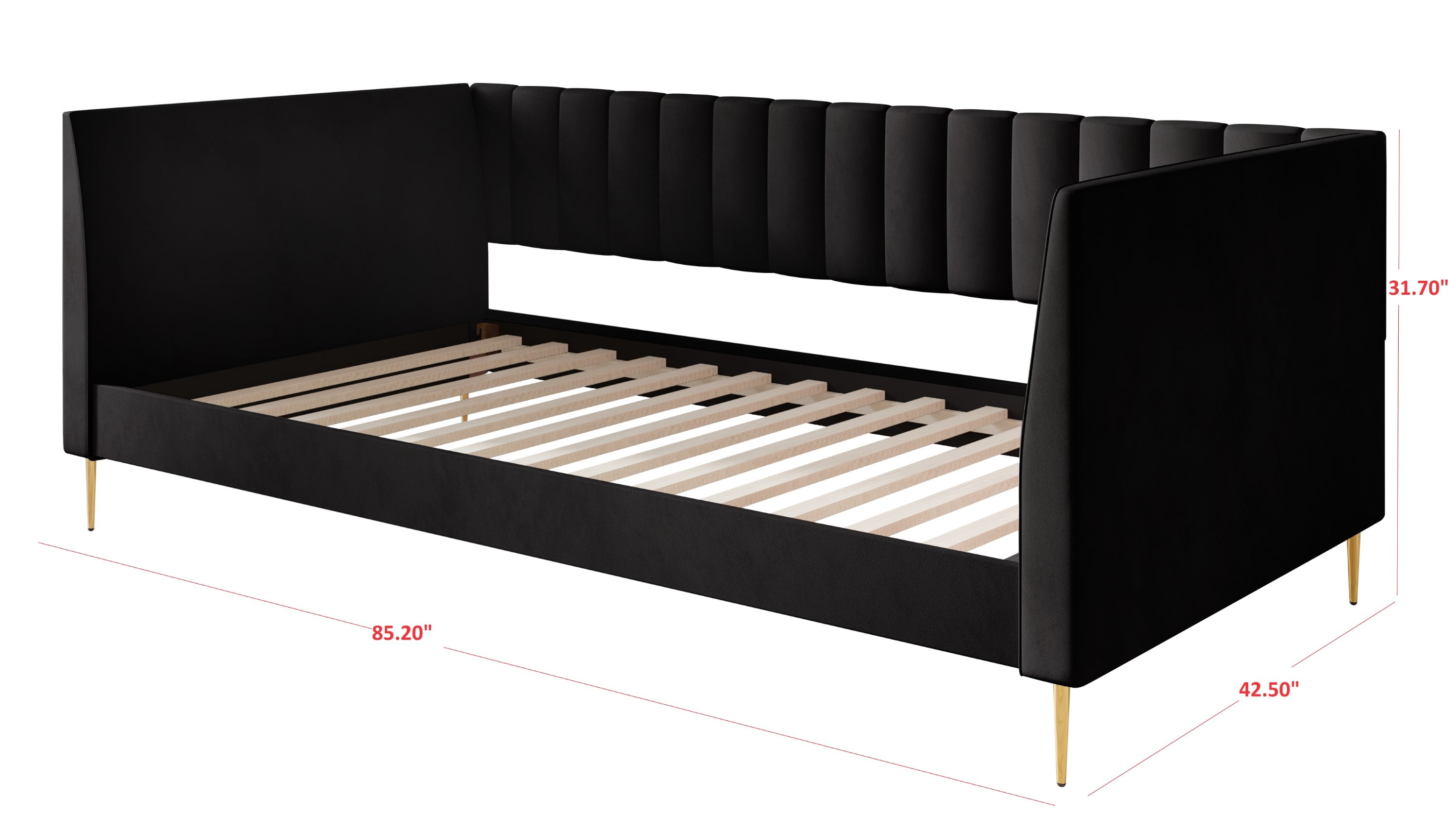 Home Design Dayton Twin Daybed, Black Velvet Upholstered Frame, Tuxedo Arms, Vertical Tufting, Plush Cushions, Gold Metal Legs for Stylish Seating & Sleeping