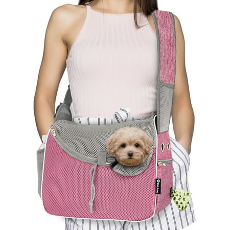 PetAmi Small Dog Sling Carrier  Soft-Sided Crossbody Puppy Carrying Purse Bag  Adjustable Sling Pet Pouch to Wear Medium Dog Cat Travel  Dog Bag for Traveling  Breathable  Poop Bag Dispenser  Pink