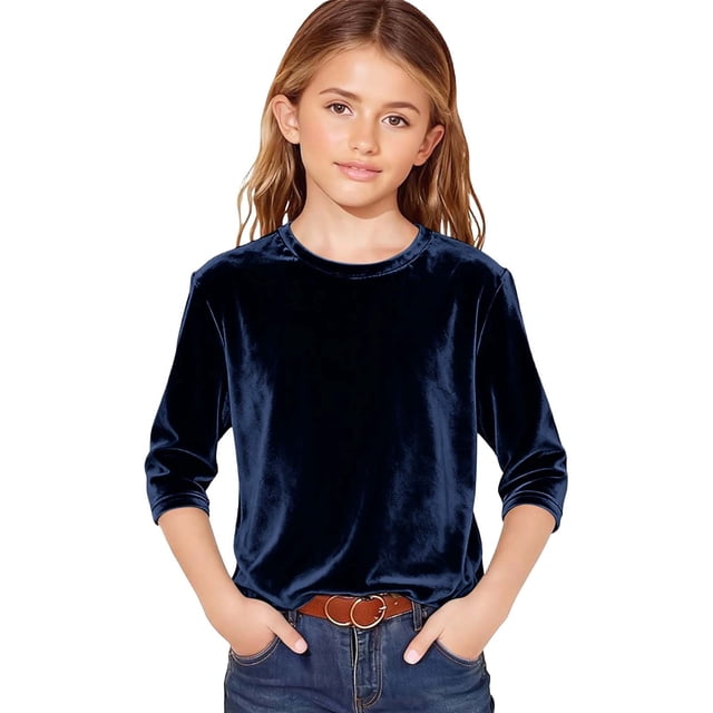 AWZXDE T-Shirt en Velours pour Filles à Manches 3/4, Doux, Col Rond, Hauts Décontractés pour Filles, T-Shirt de Base Confortable 3-14 Ans