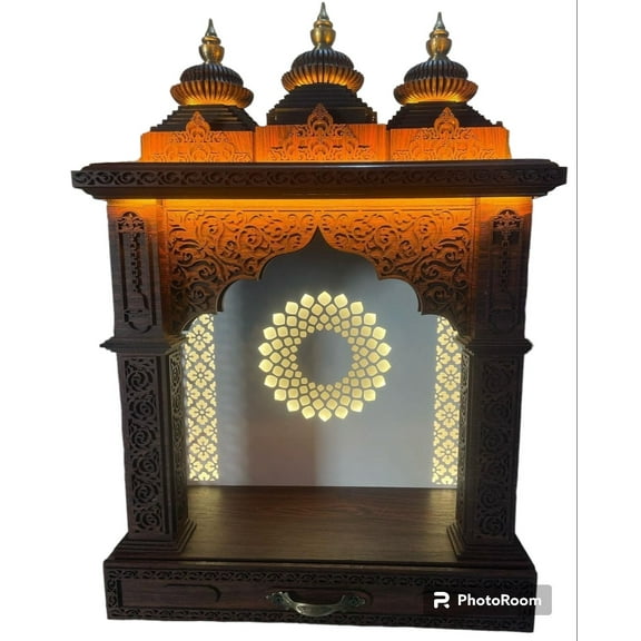 Pooja Mandir / Designer Wooden Temple With LED Lights / Mandir For Home & Office / Antique Hand Carved Wooden Mandir / Temple With Dom Tomb