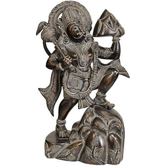 Lord Hanuman Carrying Mount Dron of Sanjeevani Herbs - Brass Statue