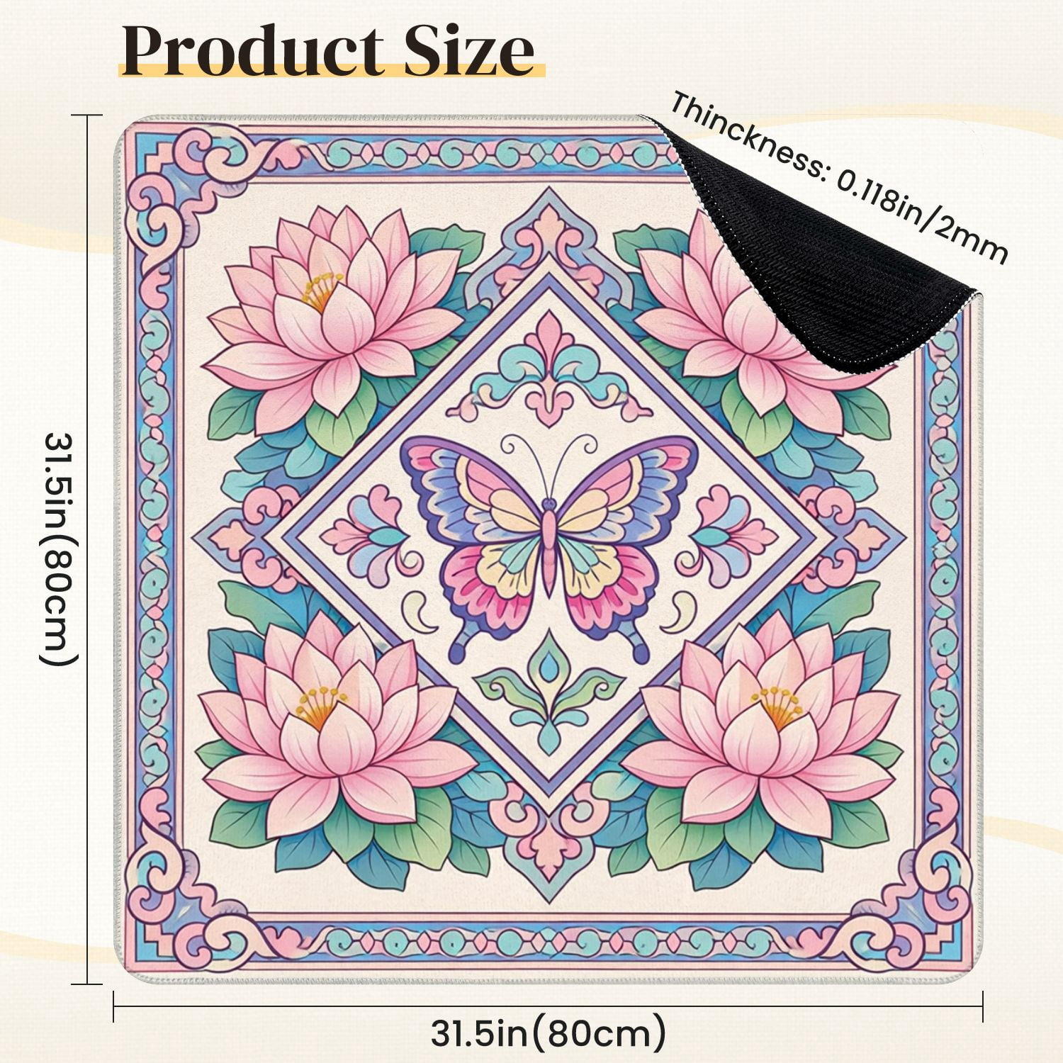 Mahjong Mat 31.5" x 31.5" Pink Lotus Flowers Butterfly Elegant Decorative Style Non-Slip Noise Reduction Mahjong Tiles Table Cover for Dominoes Poker Card Board and Tile Games