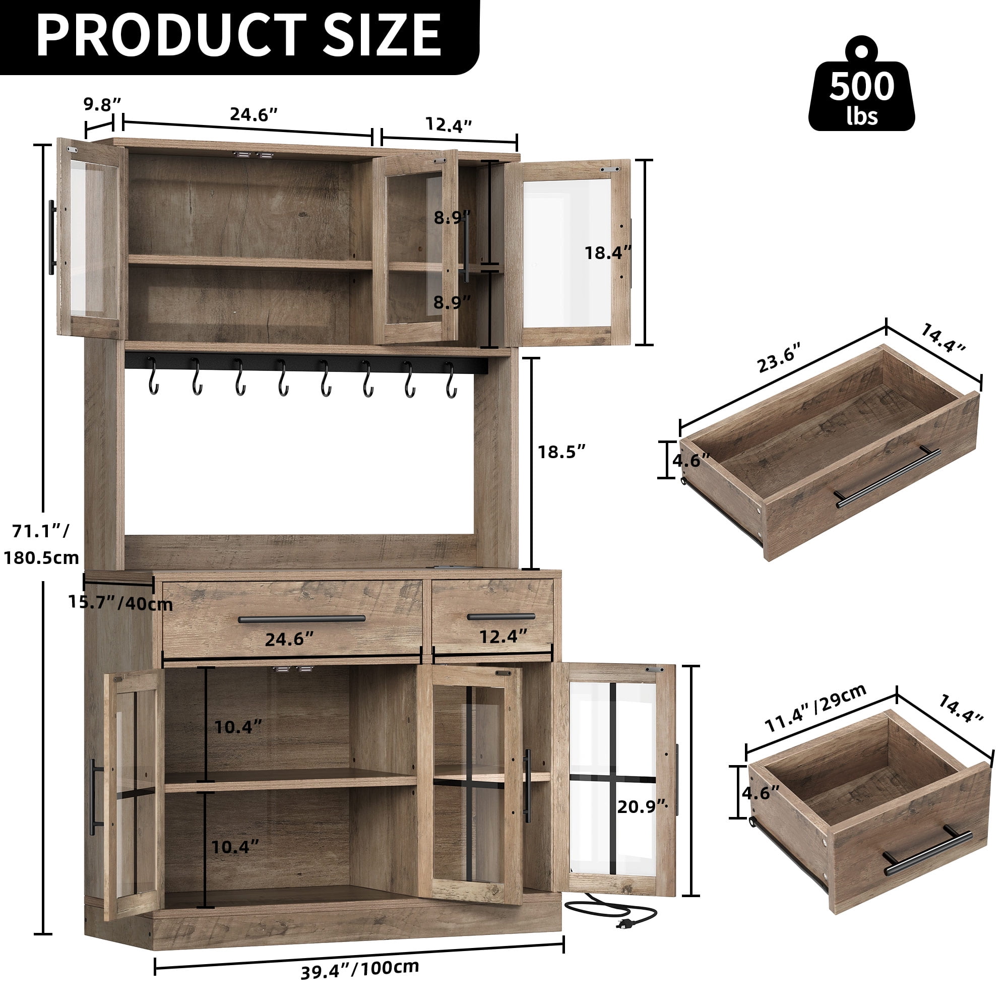 DEXTRUS 71-Inch Tall Kitchen Pantry Cabinet with Power Outlet, Freestanding Hutch with Microwave Stand and Drawers, Brown