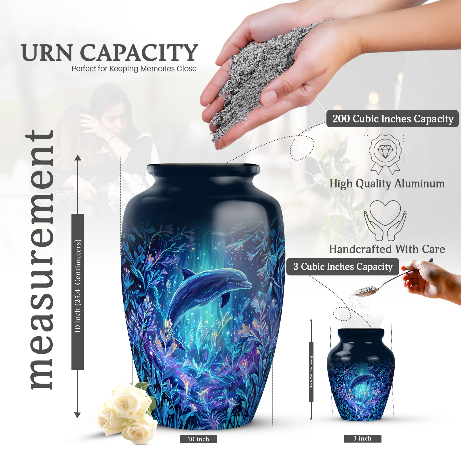 KARYLIZ Dolphin Urns for Human Ashes - Blue Cremation Urn Human Ashes - Large Sea Coral Reef Urn for Male & Female - Burial Urns for Adult - Decorative Memorial for Mom with Velvet Bag (Size -10inch)