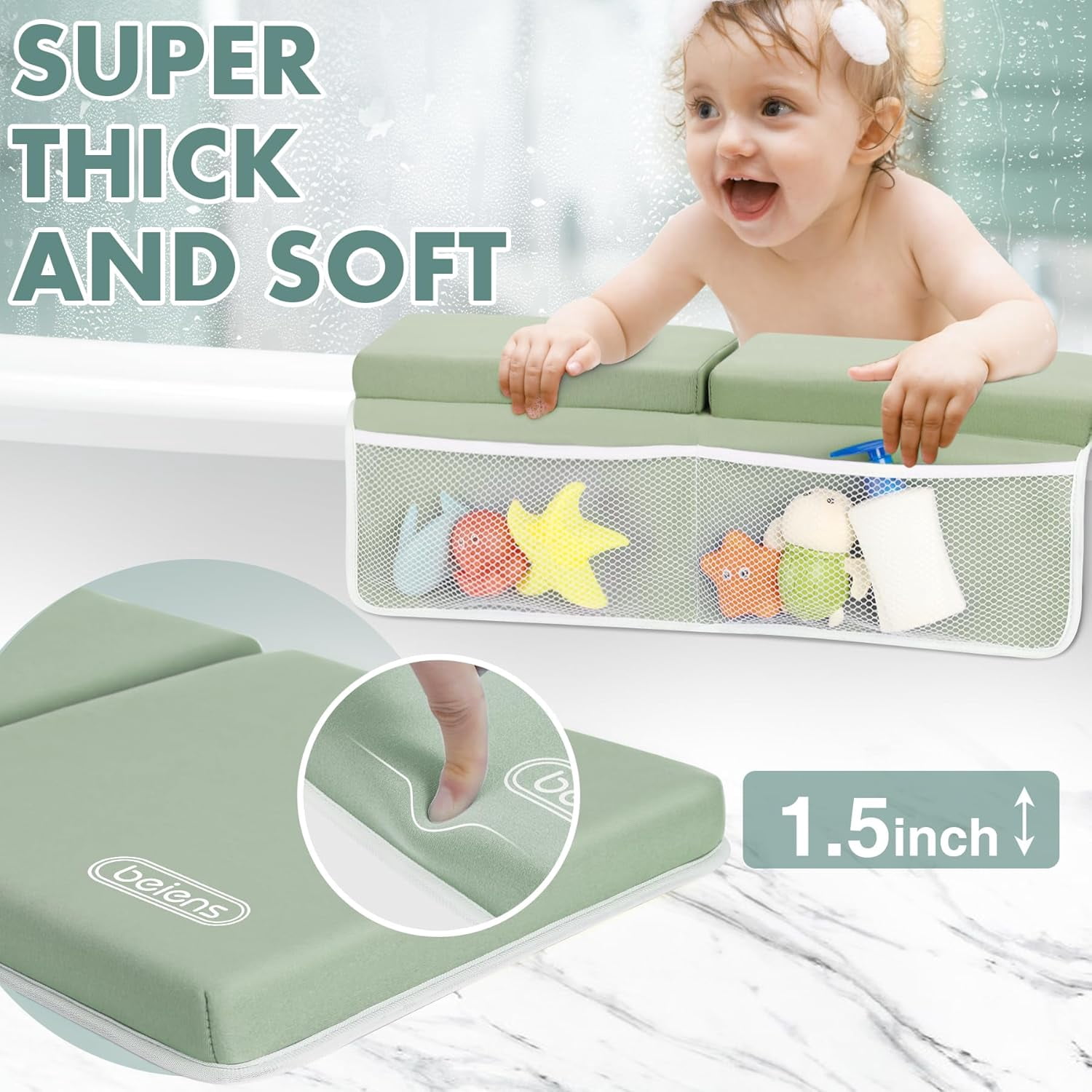 Bath Kneeler and Elbow Rest Pad Set - 1.5'' Comfortable Thick Baby Bath Kneeler Pads, Quick Dry Soft Kneeling Pad for Baby Bath Time, Non-Slip Knee& Arm Support Bathtub Mat with Toys Organizer