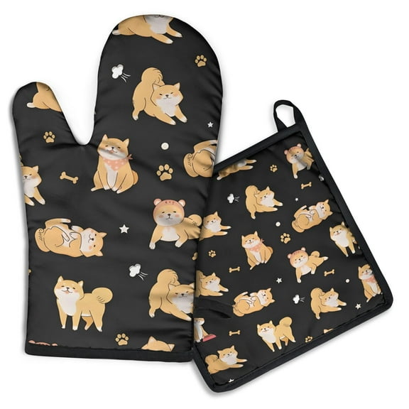 Shiba Inu Kitchen Oven Mitt and Pot Holder Sets 2 Pcs for Baking, Cooking and Grilling, Heat Resistant Up To 392 °F