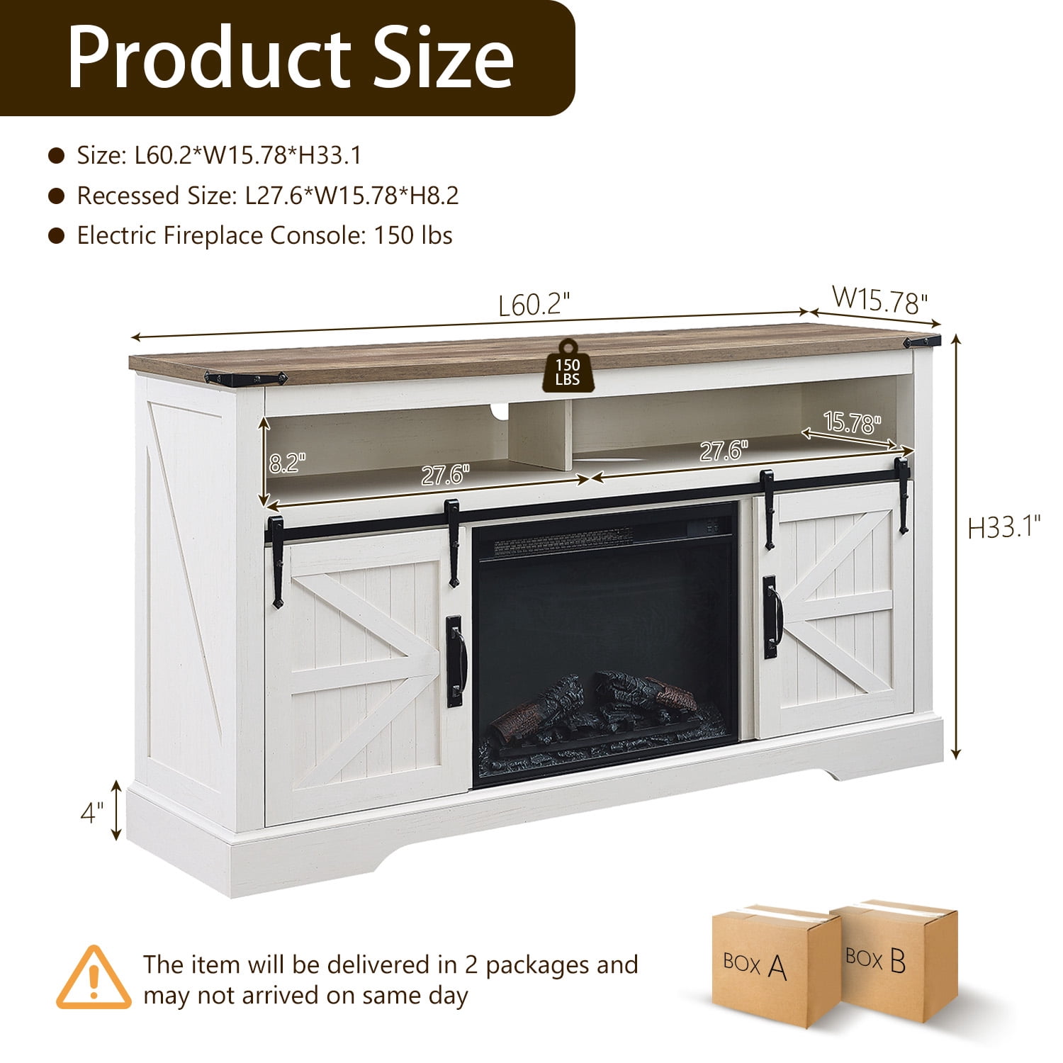KeyWhat Farmhouse Fireplace TV Stand for TVs up to 70", 24" Electric Fireplace & Barn Door