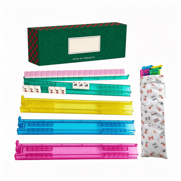 BESTSKY 17.5'' Non-Slip Mahjong Racks with Pushers and Bag,Set of 4 All-In-One Tile Rack and Pusher,Clear Acrylic Mahjong Tile Holder for American Mahjongg Accessories (Multi Color)