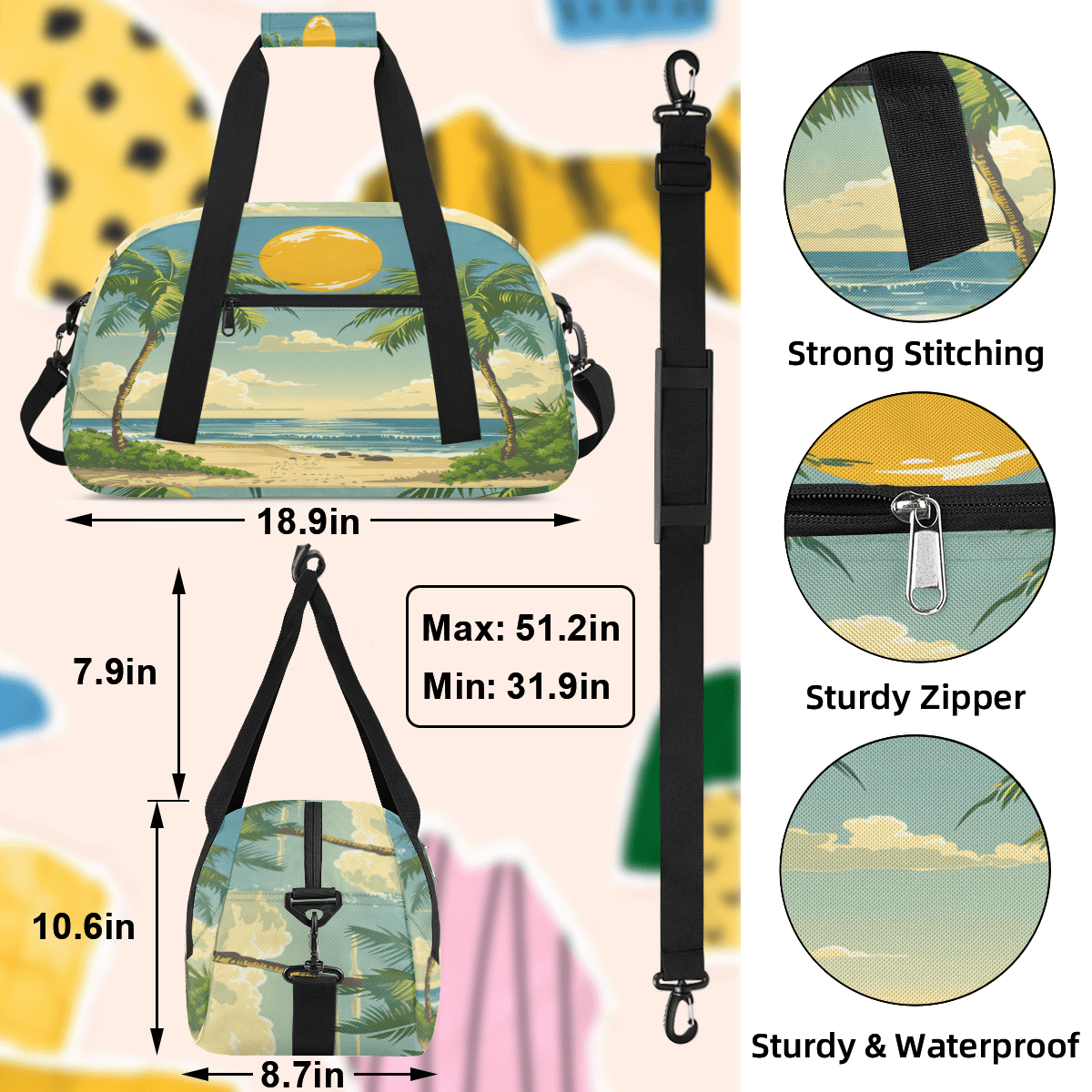 Herdesigns Tropical Beach Palm Tree Sports Duffle Bag for Women & Men, Coastal Nautical Gym Bag Dance Bag Overnight Bag Carry On Weekender Travel Bag