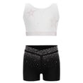 thumbnail image 1 of Moggemol Kids Girls Sparkle Rhinestone Ballet Jazz Set Crisscross Back Crop Tank Top V-Front Performance Shorts White+Black 14, 1 of 4